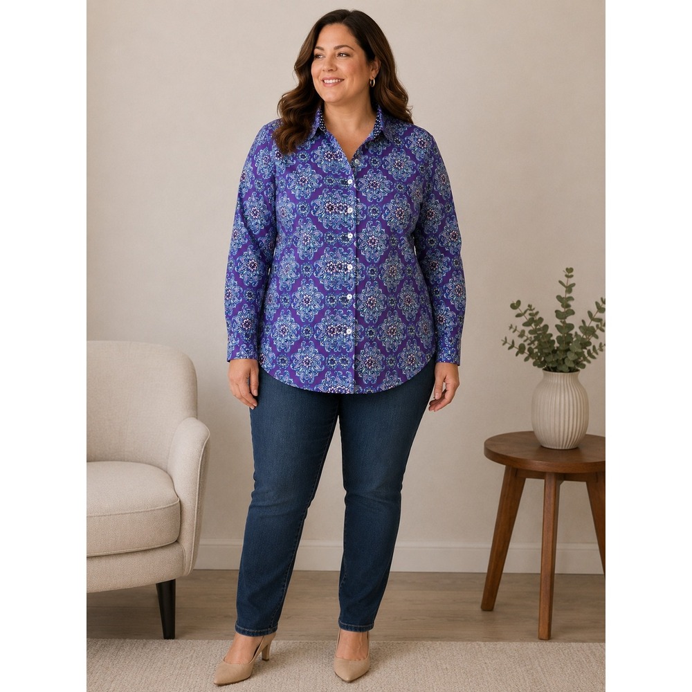 Foxcroft Cotton Button Up Shirt Womens 18 Purple Paisley Wrinkle Free Office